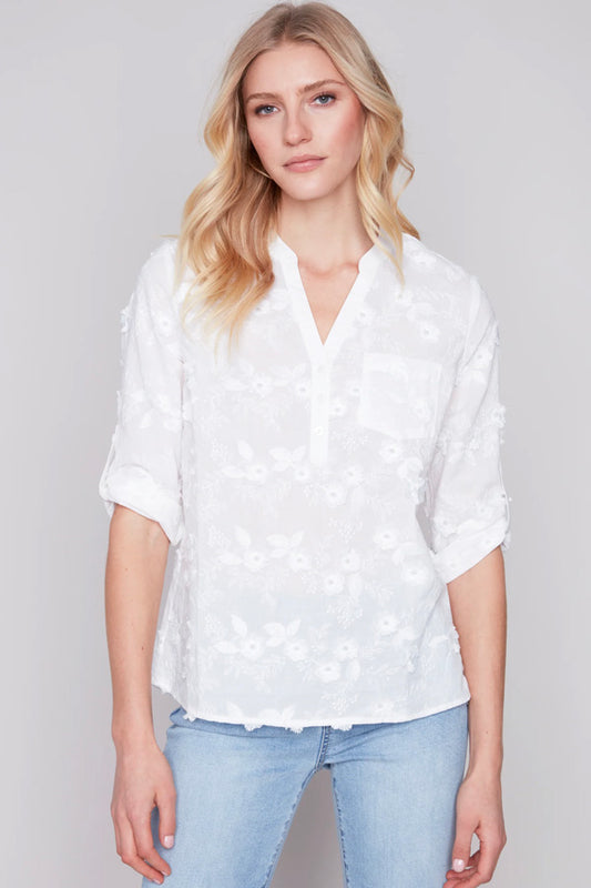 Charlie B Charlie B - Blouse With Embroidery Fabric - White available at The Good Life Boutique