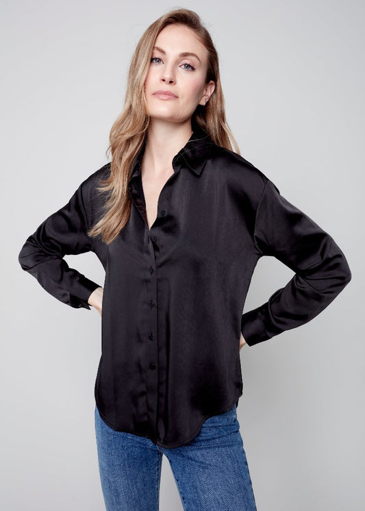 Charlie B Charlie B - Solid Satin Button Front Shirt With Shirttail Hem - Black available at The Good Life Boutique