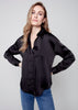 Charlie B Charlie B - Solid Satin Button Front Shirt With Shirttail Hem - Black available at The Good Life Boutique