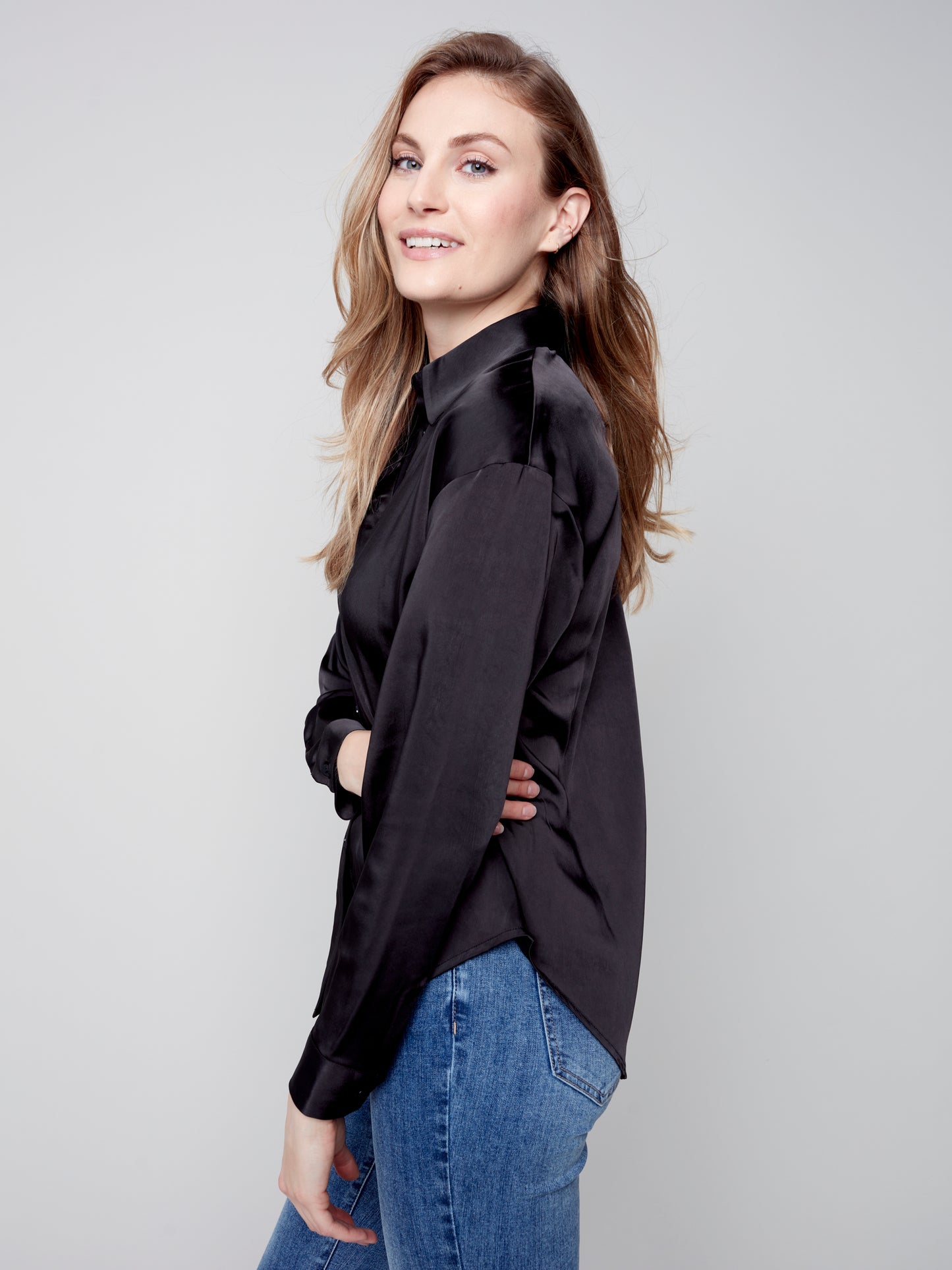 Charlie B Charlie B - Solid Satin Button Front Shirt With Shirttail Hem - Black available at The Good Life Boutique