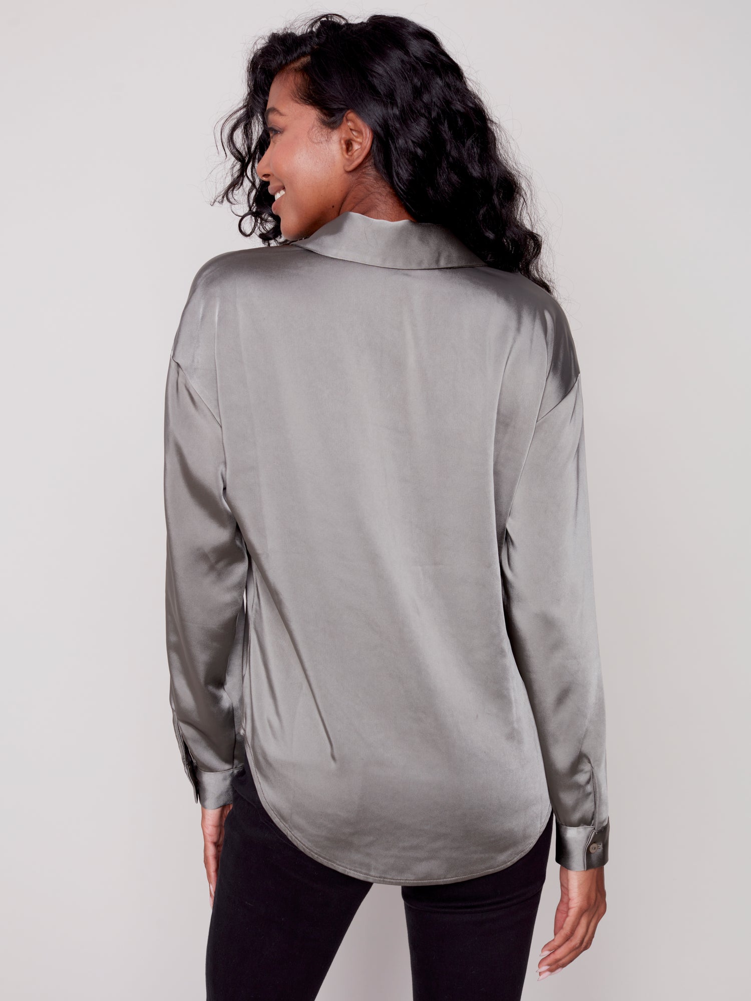 Charlie B Charlie B - Solid Satin Button Front Shirt - Spruce available at The Good Life Boutique
