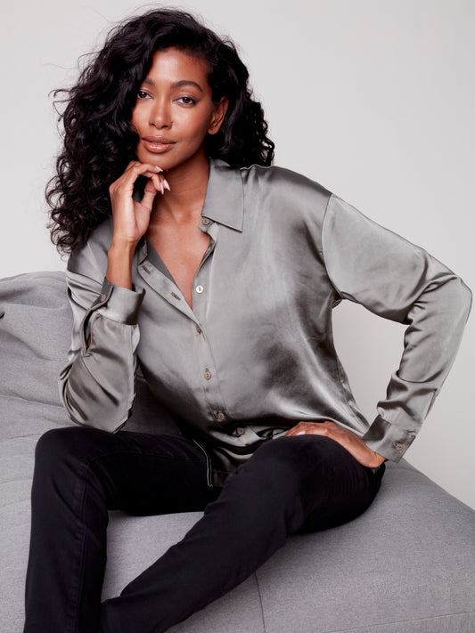 Charlie B Charlie B - Solid Satin Button Front Shirt - Spruce available at The Good Life Boutique