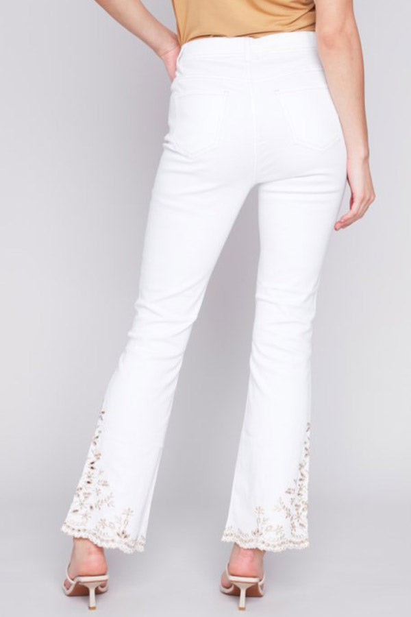Charlie B Charlie B - Bell Bottom With Gold Embroided Hem - White available at The Good Life Boutique