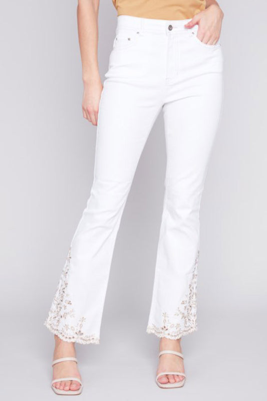 Charlie B Charlie B - Bell Bottom With Gold Embroided Hem - White available at The Good Life Boutique