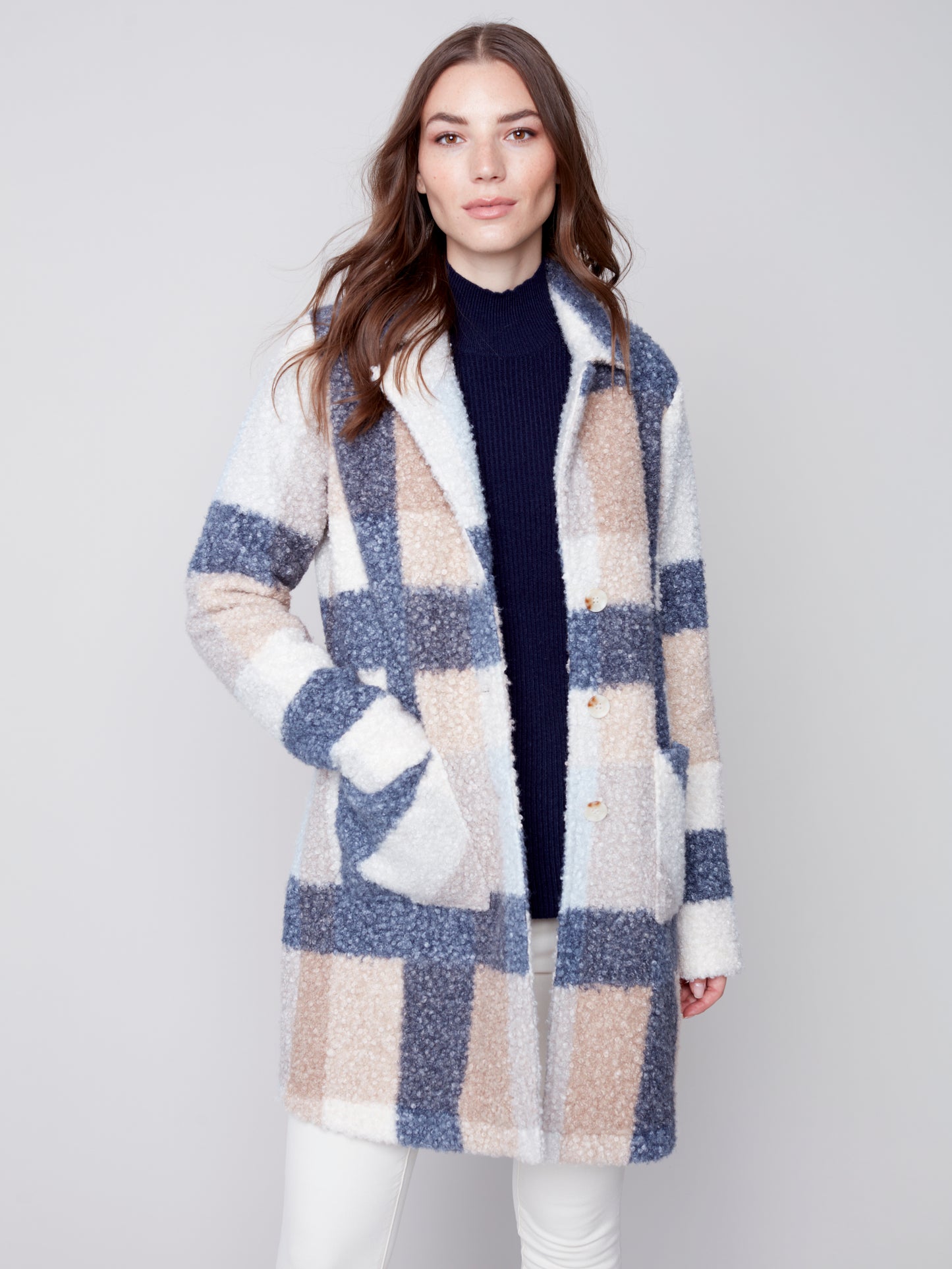 Charlie B Charlie B - Boucle Knit Tailored Collar Coat - Snowflake available at The Good Life Boutique