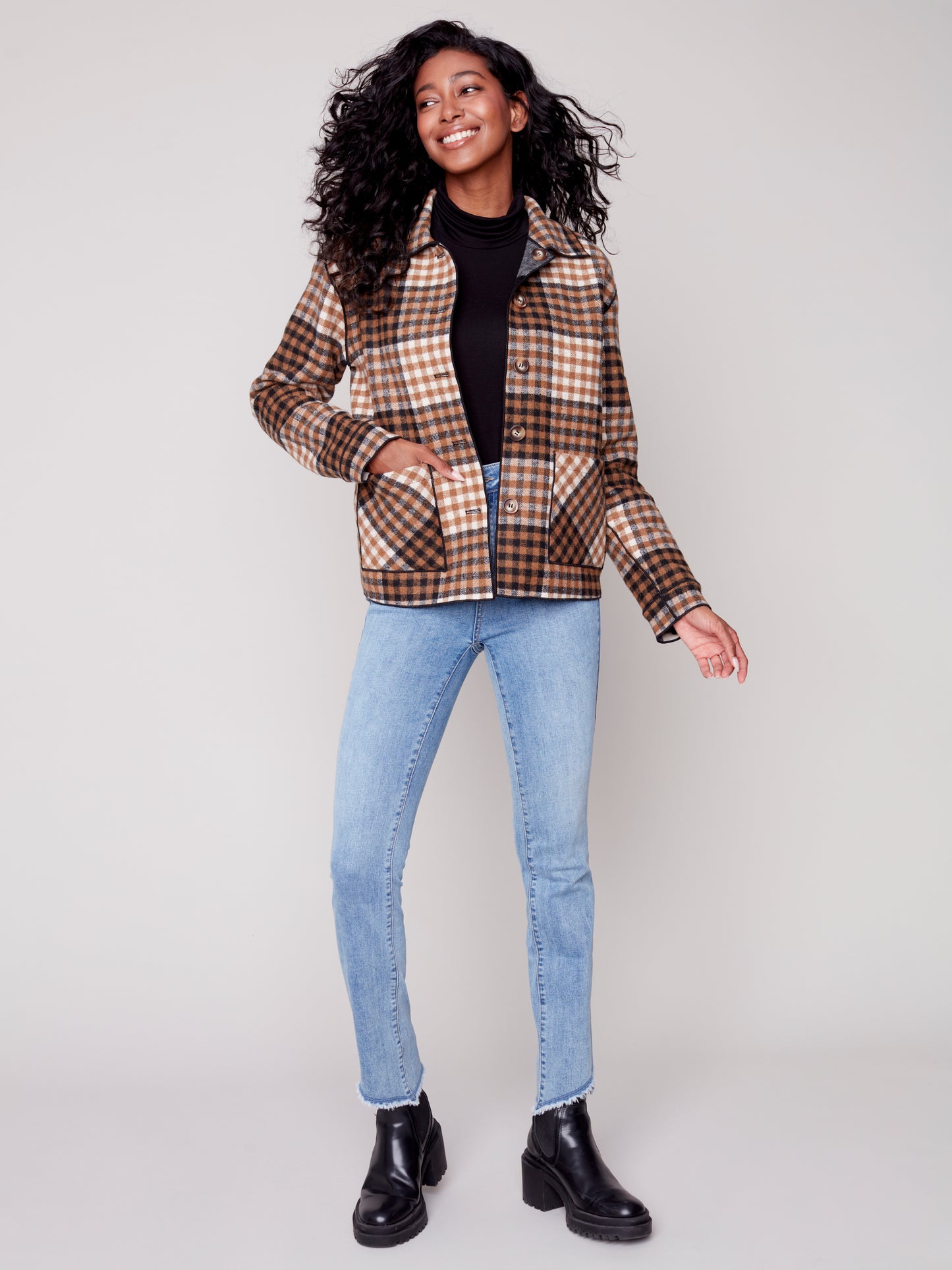 Charlie B Charlie B - Plaid Reversible Short Jacket - Truffle Brown available at The Good Life Boutique