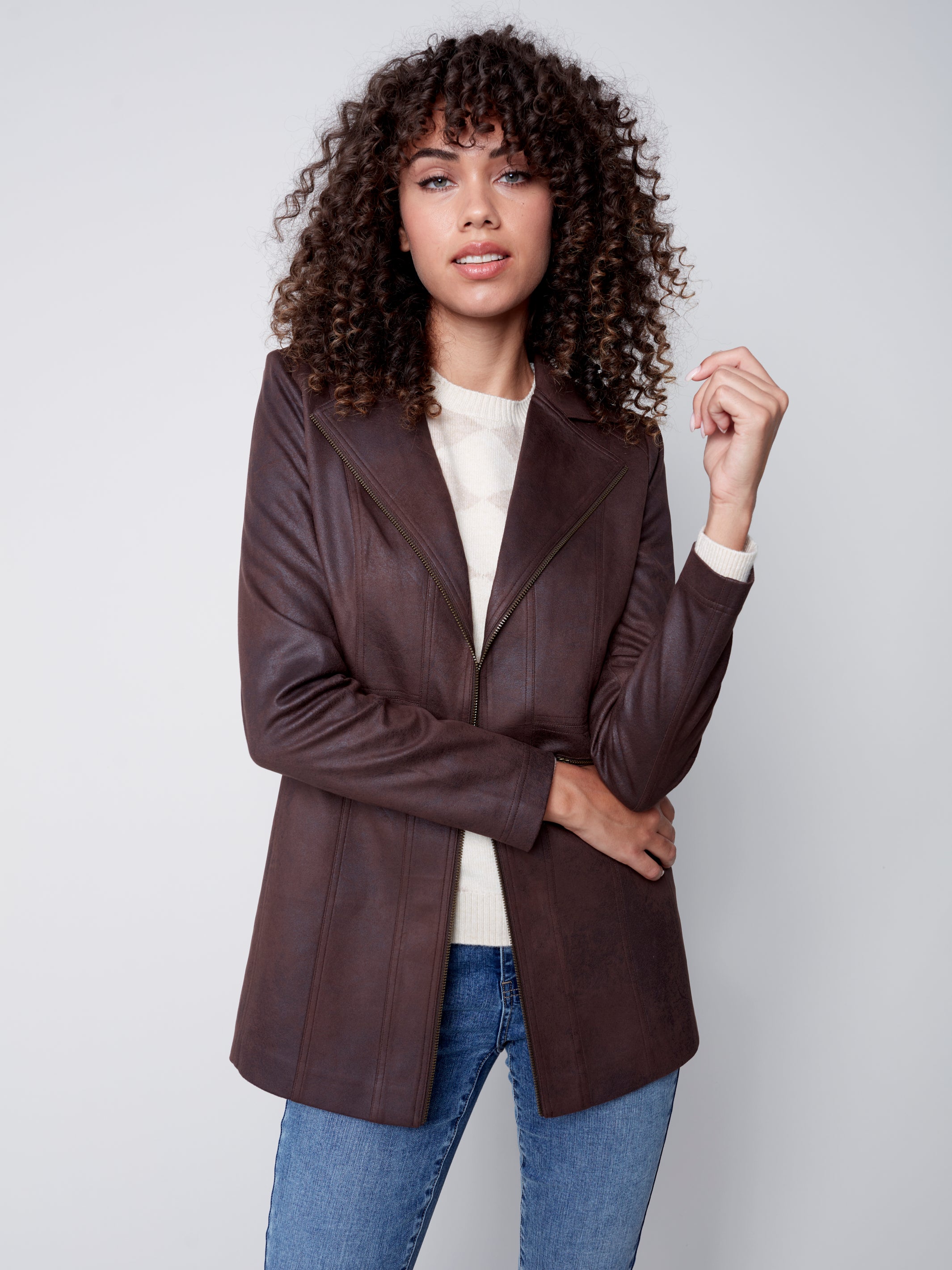 Charlie B - Long Faux Suede Jacket With Zipper - Chocolate | The