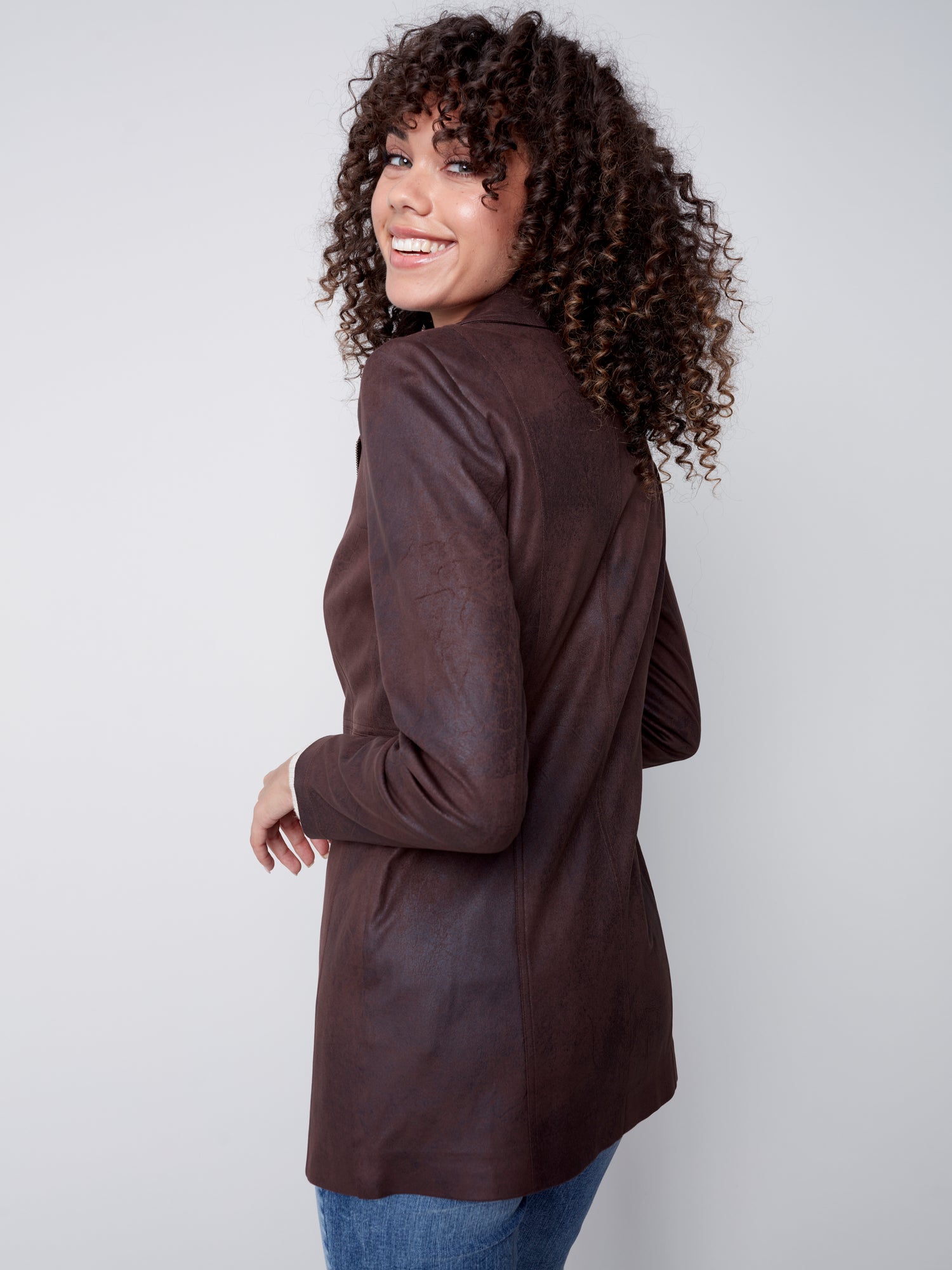 Charlie B Charlie B - Long Faux Suede Jacket With Zipper - Chocolate available at The Good Life Boutique