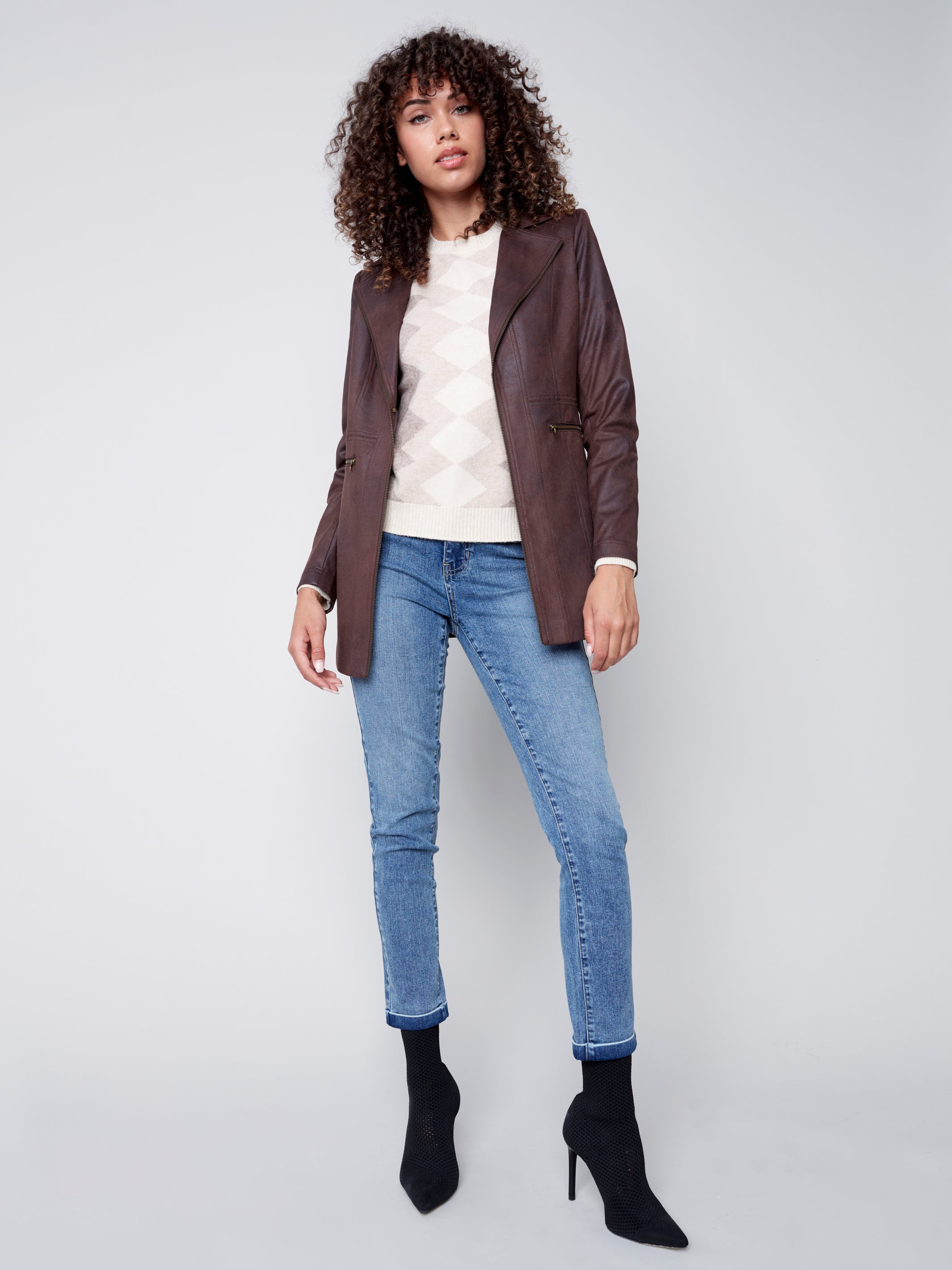 Charlie B - Long Faux Suede Jacket With Zipper - Chocolate | The
