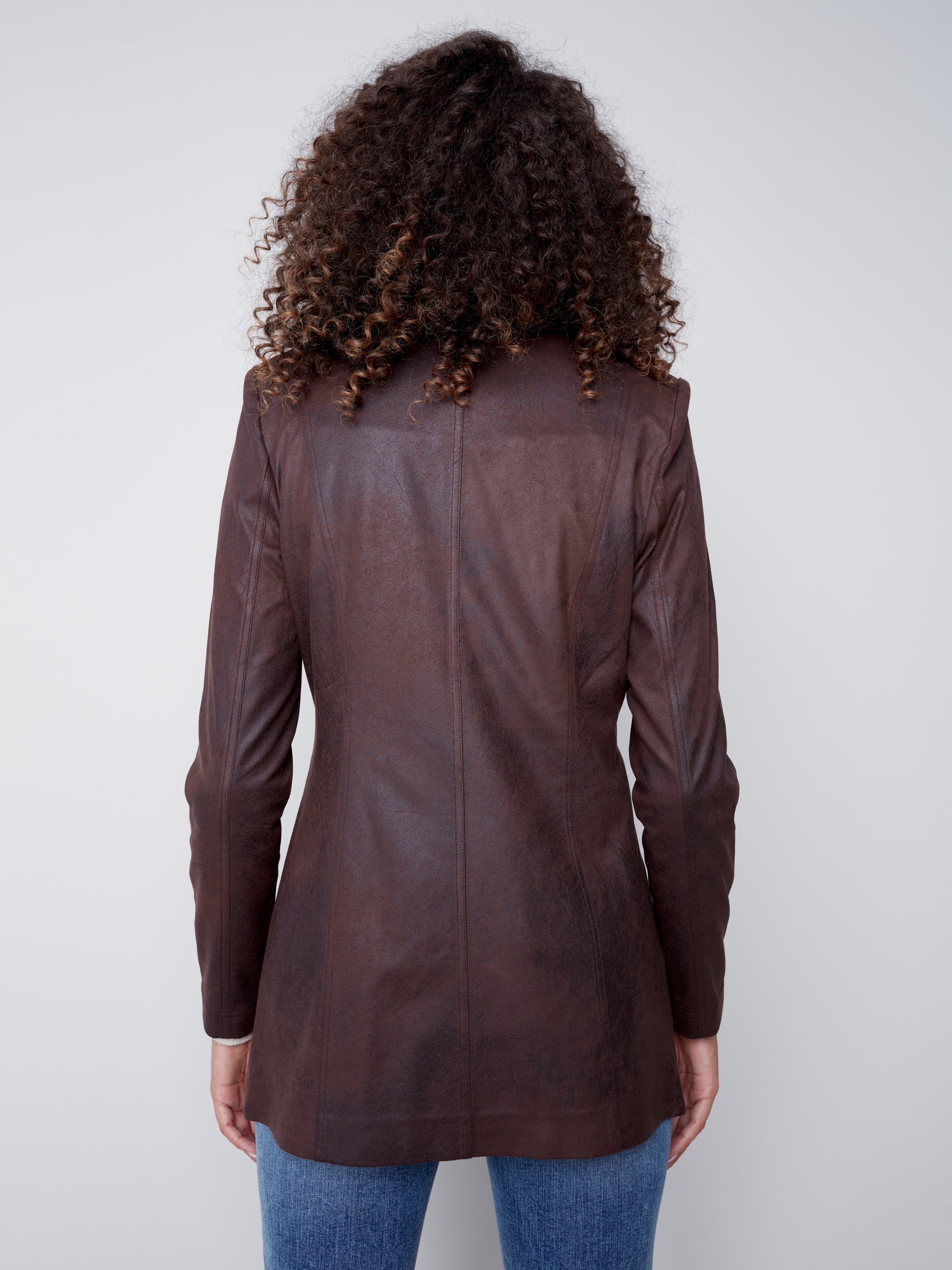 Charlie B - Long Faux Suede Jacket With Zipper - Chocolate | The