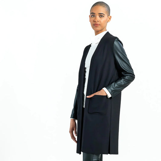 Clara Sunwoo Clara Sunwoo - Ponte/Liquid Leather Sleeves/Back Seam Detail Cardigan - Black available at The Good Life Boutique