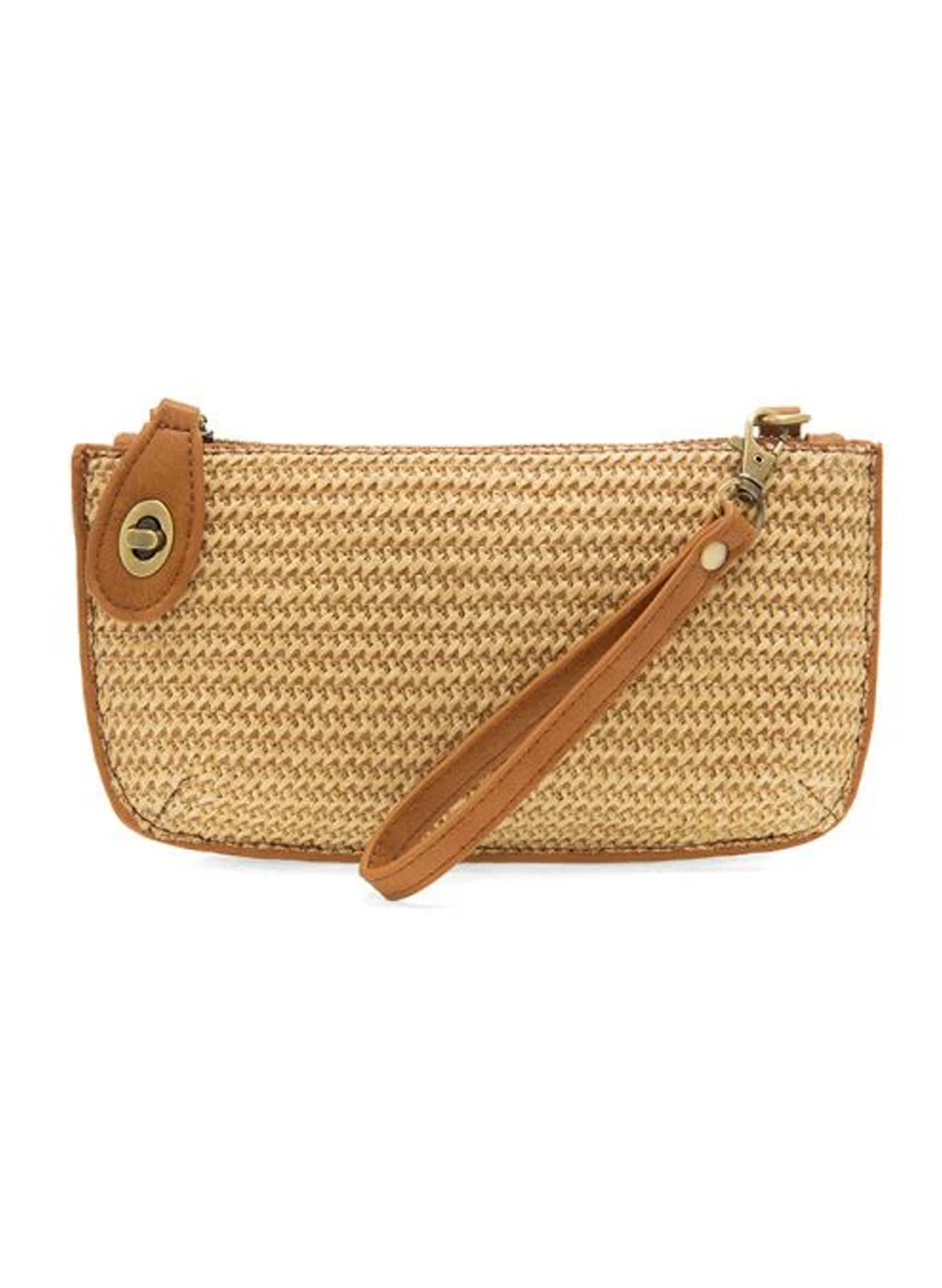 Joy Accessories Camel Straw Mini Crossbody Wristlet Clutch available at The Good Life Boutique