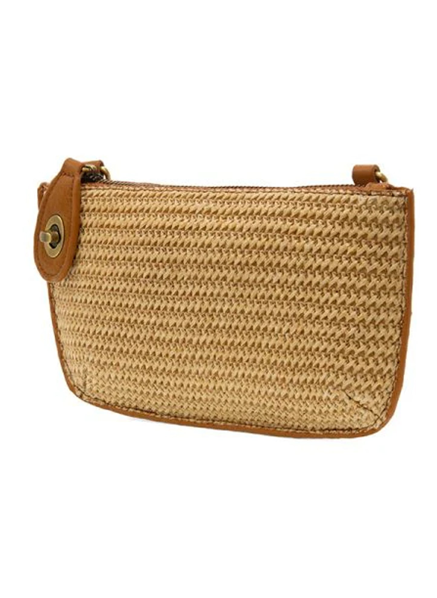 Joy Accessories Camel Straw Mini Crossbody Wristlet Clutch available at The Good Life Boutique