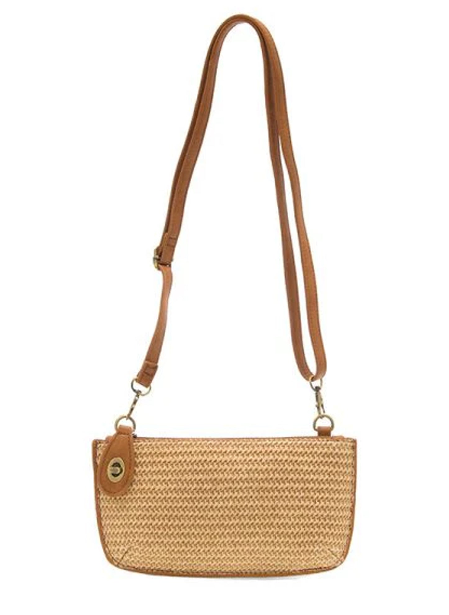 Joy Accessories Camel Straw Mini Crossbody Wristlet Clutch available at The Good Life Boutique