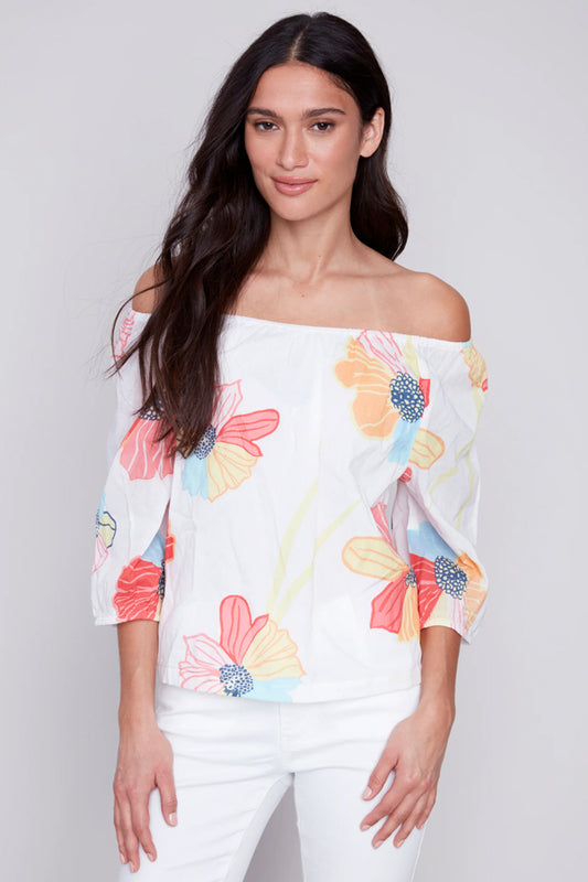 Charlie B Charlie B - Off Shoulder 3/4 Slv Lined Top - Flowers available at The Good Life Boutique
