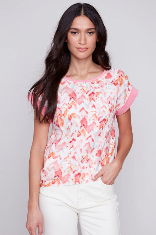 Charlie B Charlie B - Printed Jersey Linen T Shirt - Tangerine available at The Good Life Boutique
