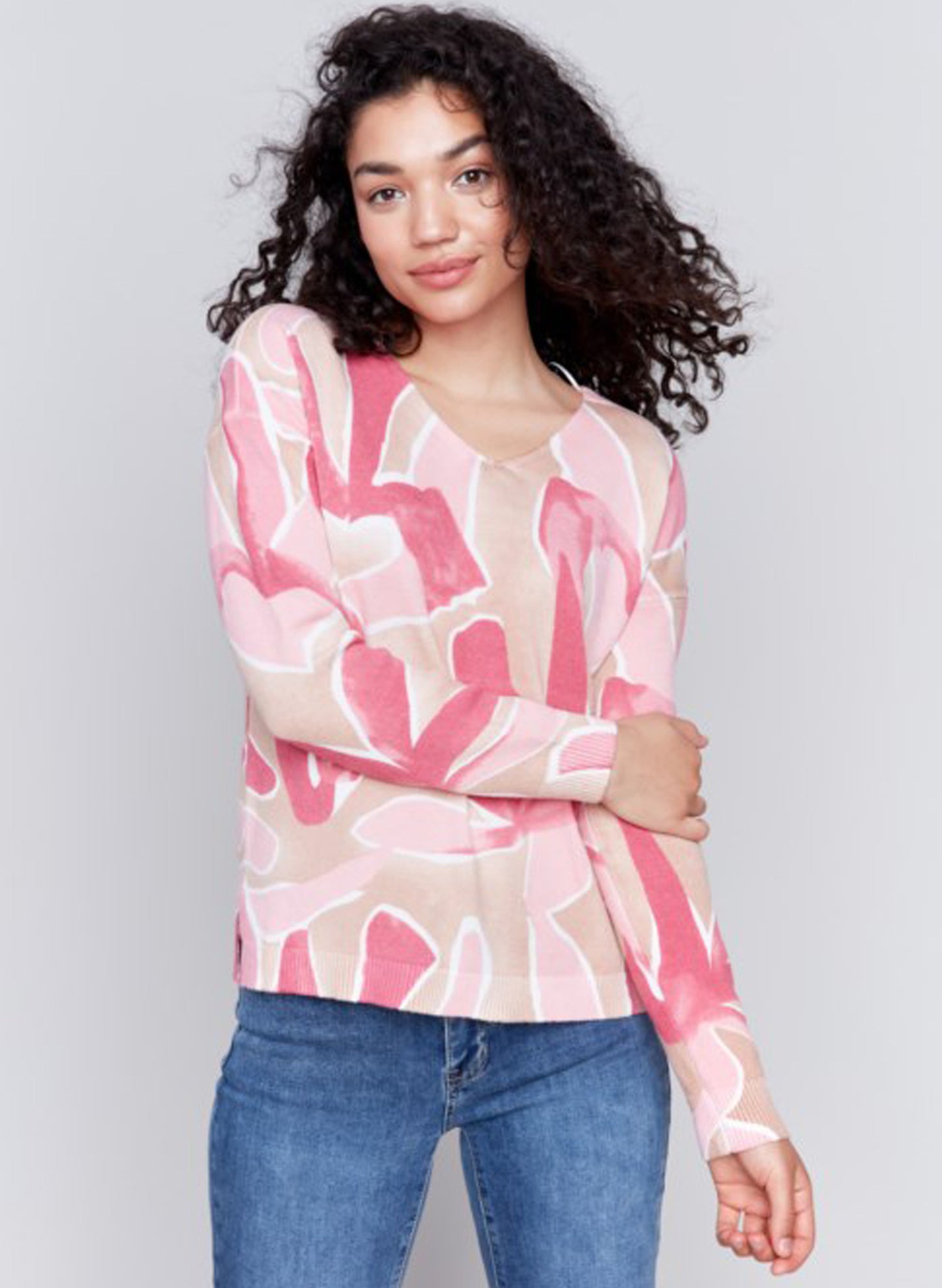 Charlie B Charlie B - Printed Plushy V-Neck Sweater - Raspberry available at The Good Life Boutique