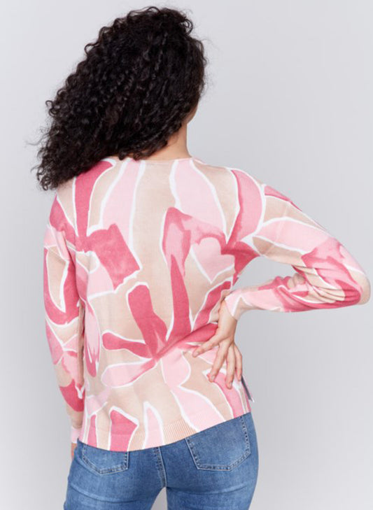 Charlie B Charlie B - Printed Plushy V-Neck Sweater - Raspberry available at The Good Life Boutique