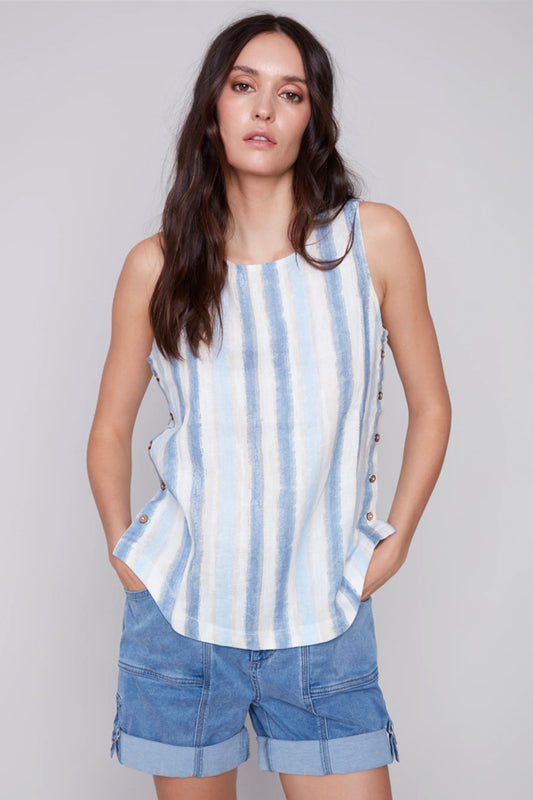 Charlie B Charlie B - Printed Sleeveless Linen Blouse - Nautical available at The Good Life Boutique