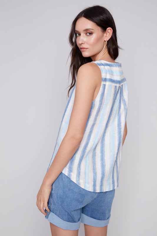 Charlie B Charlie B - Printed Sleeveless Linen Blouse - Nautical available at The Good Life Boutique
