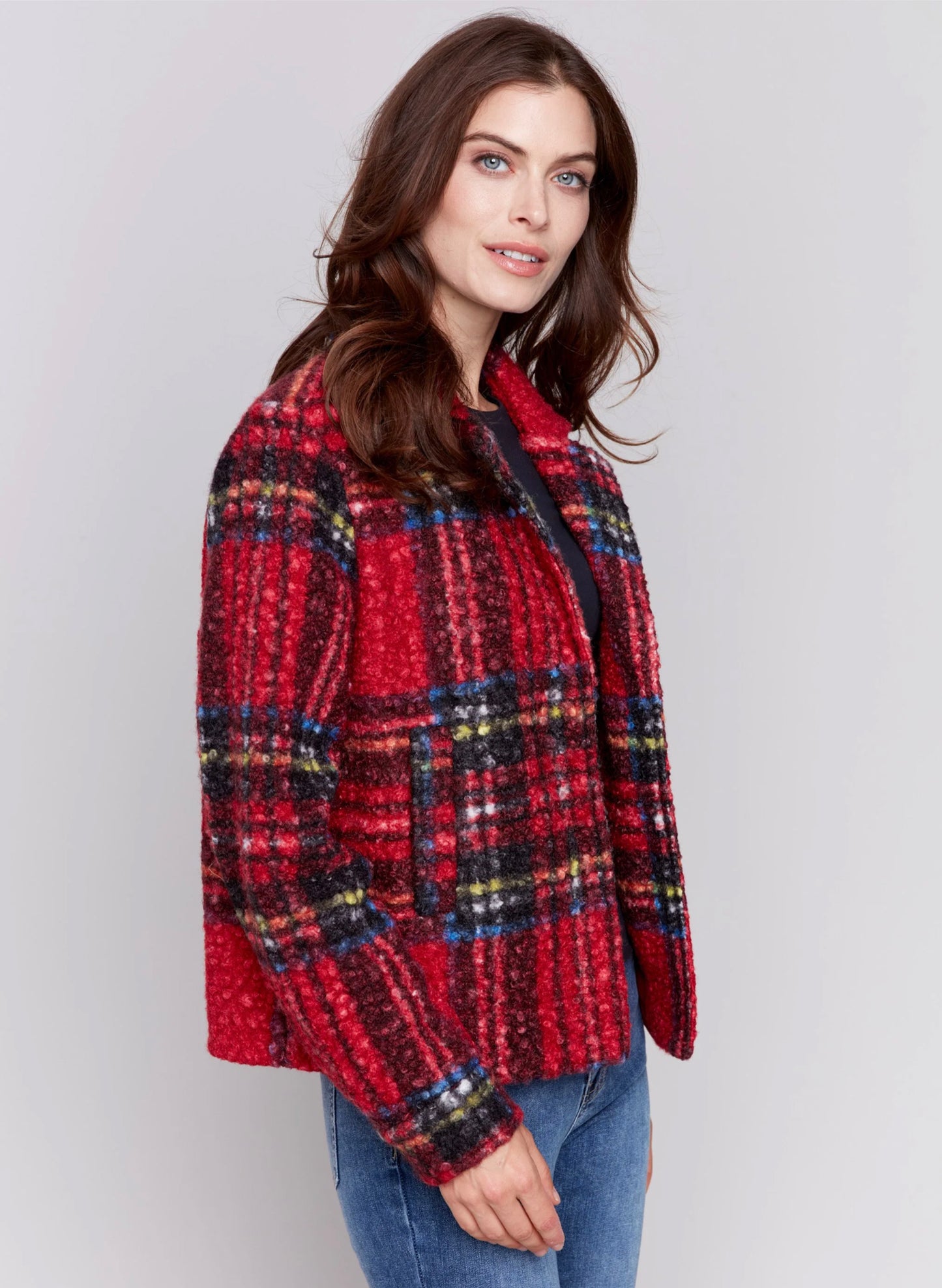 Charlie B Charlie B - Short Boucle Moto Jacket - Cranberry available at The Good Life Boutique