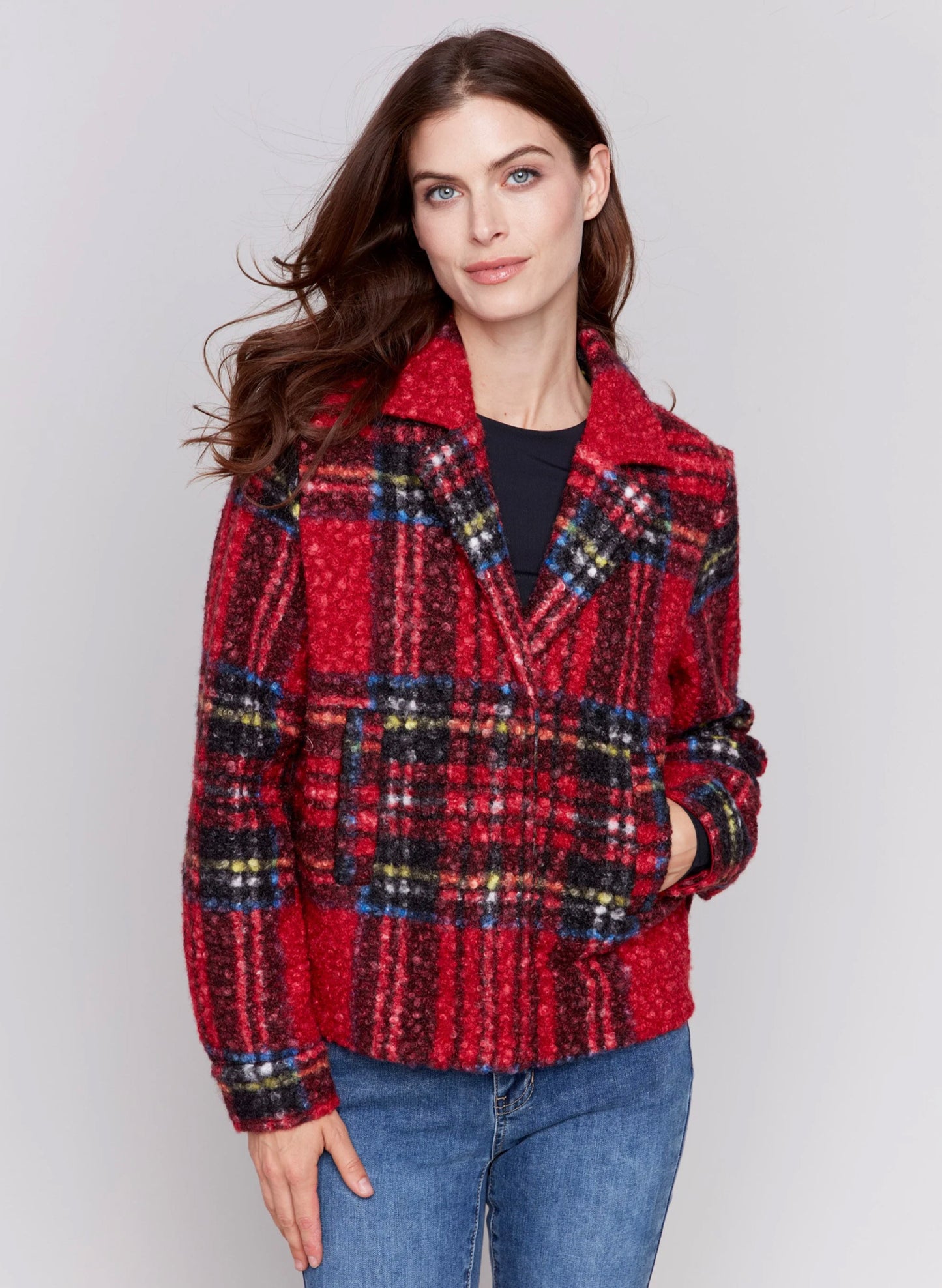 Charlie B Charlie B - Short Boucle Moto Jacket - Cranberry available at The Good Life Boutique