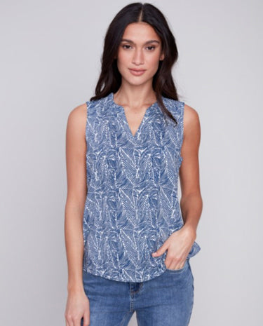 Charlie B Charlie B - Sleeveless Blouse W/Ruffle Collar - Petals available at The Good Life Boutique