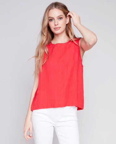 Charlie B Charlie B - Sleeveless Linen Top W/Side Buttons Cherry available at The Good Life Boutique