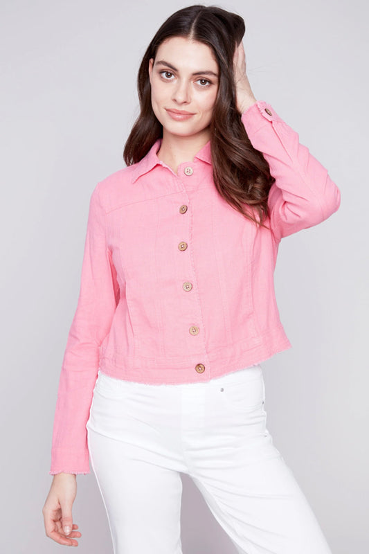 Charlie B Charlie B - Solid Button Front Linen Jacket - Flamingo available at The Good Life Boutique