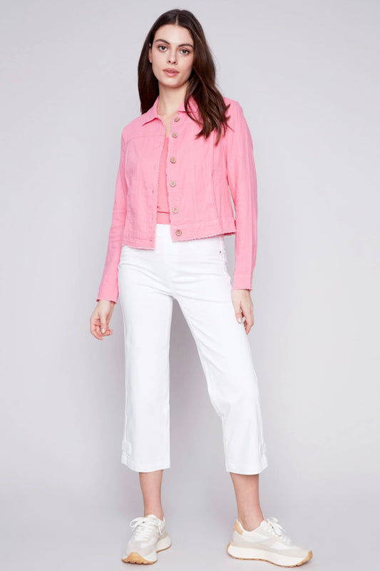 Charlie B Charlie B - Solid Button Front Linen Jacket - Flamingo available at The Good Life Boutique