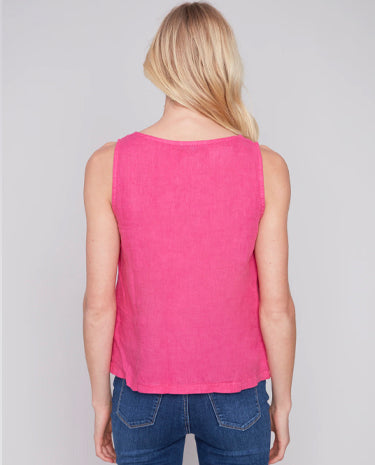 Charlie B Charlie B - Solid Sleeveless Linen Top W/Slits - Punch available at The Good Life Boutique