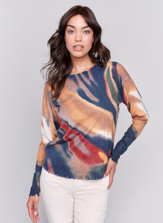 Charlie B Charlie B - Printed Crew-Neck Ripped Edges Sweater- Navy, Camel, Spruce available at The Good Life Boutique