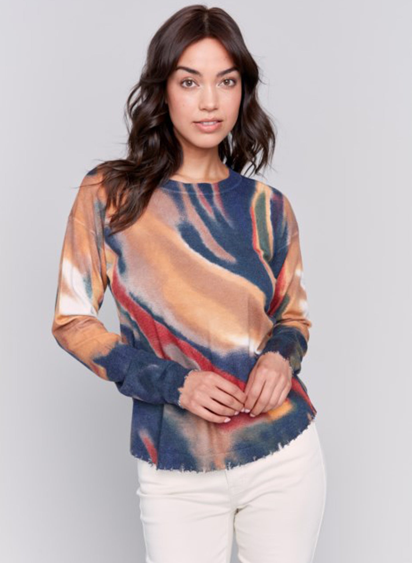 Charlie B Charlie B - Printed Crew-Neck Ripped Edges Sweater- Navy, Camel, Spruce available at The Good Life Boutique