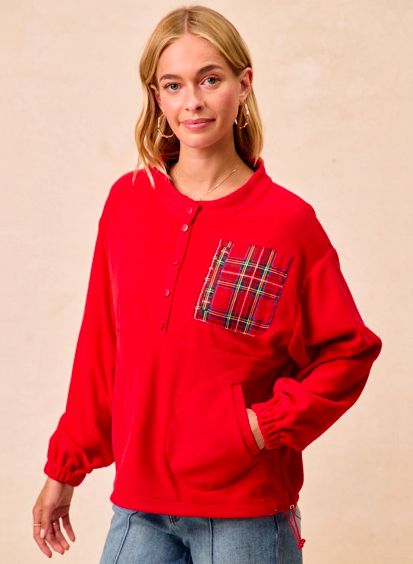 Christmas Theme Fleece Buttoned Top With Pockets - Red