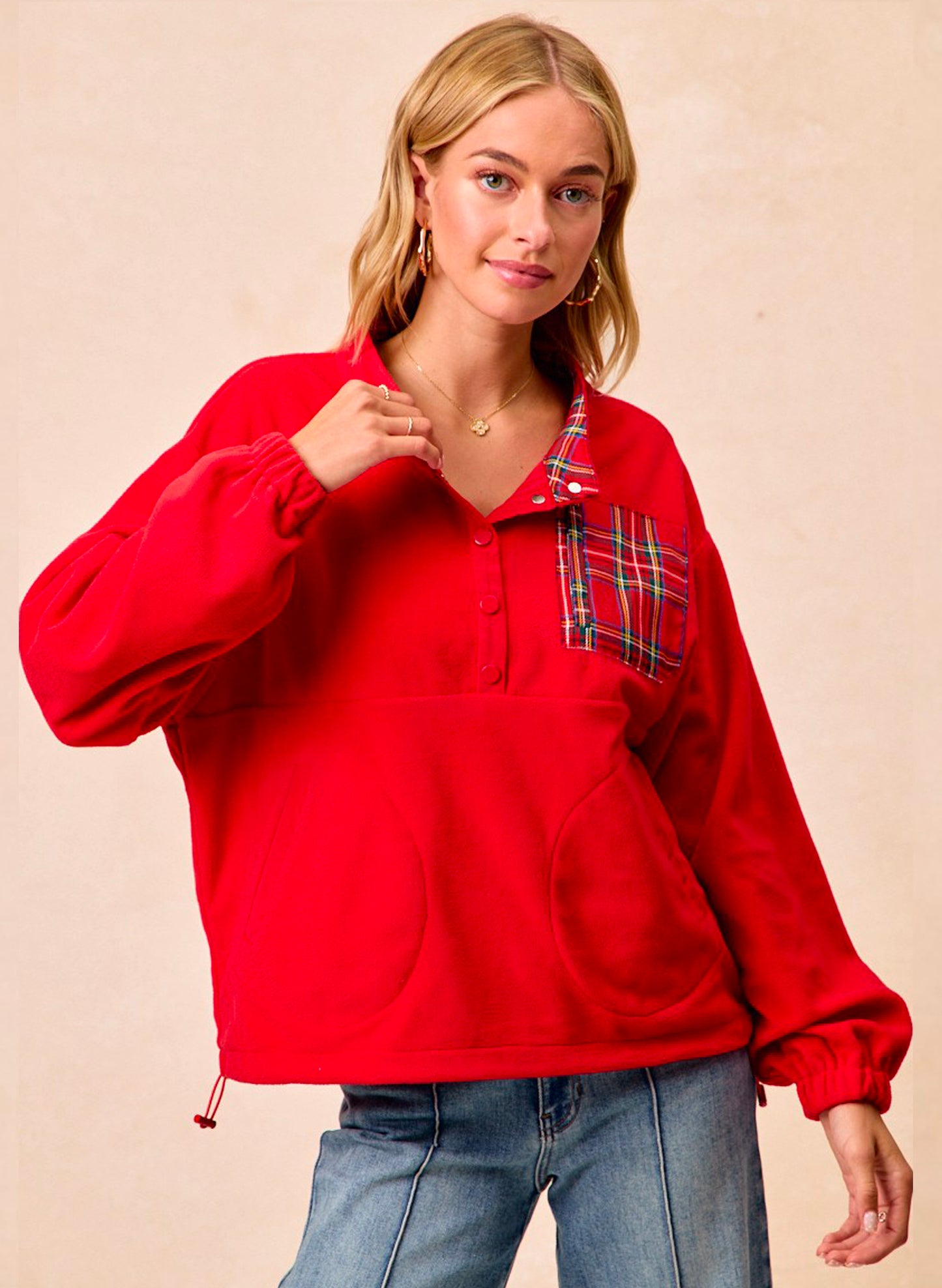 Christmas Theme Fleece Buttoned Top With Pockets - Red