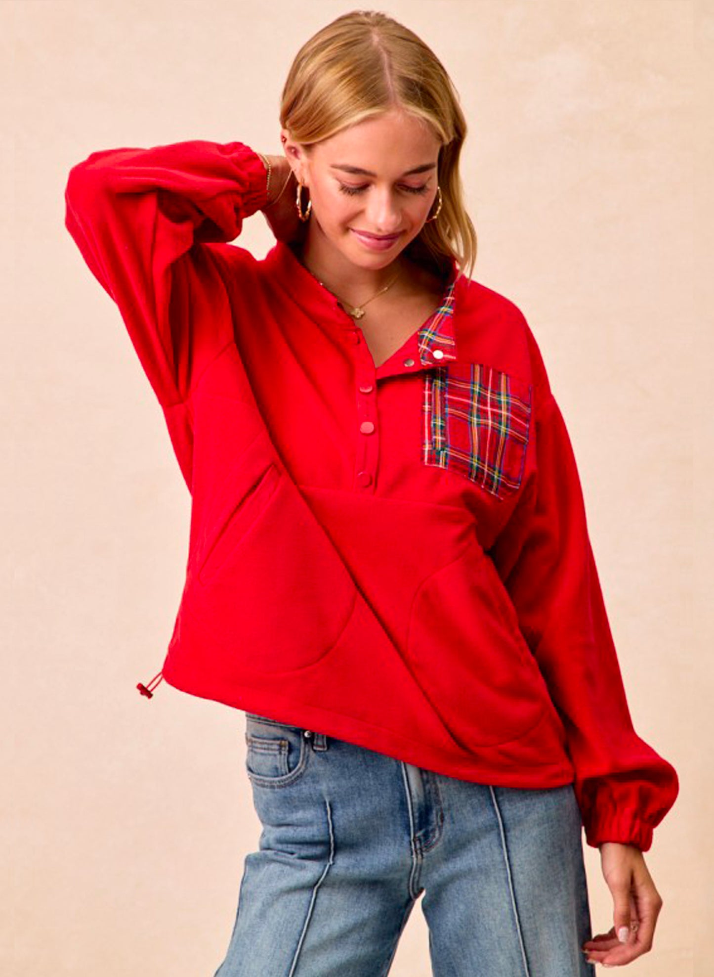 Christmas Theme Fleece Buttoned Top With Pockets - Red