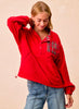 Christmas Theme Fleece Buttoned Top With Pockets - Red