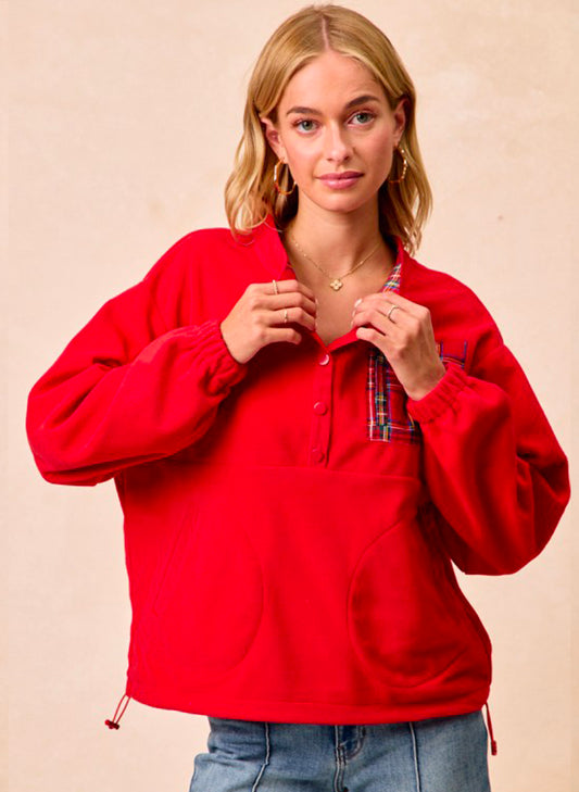 Christmas Theme Fleece Buttoned Top With Pockets - Red