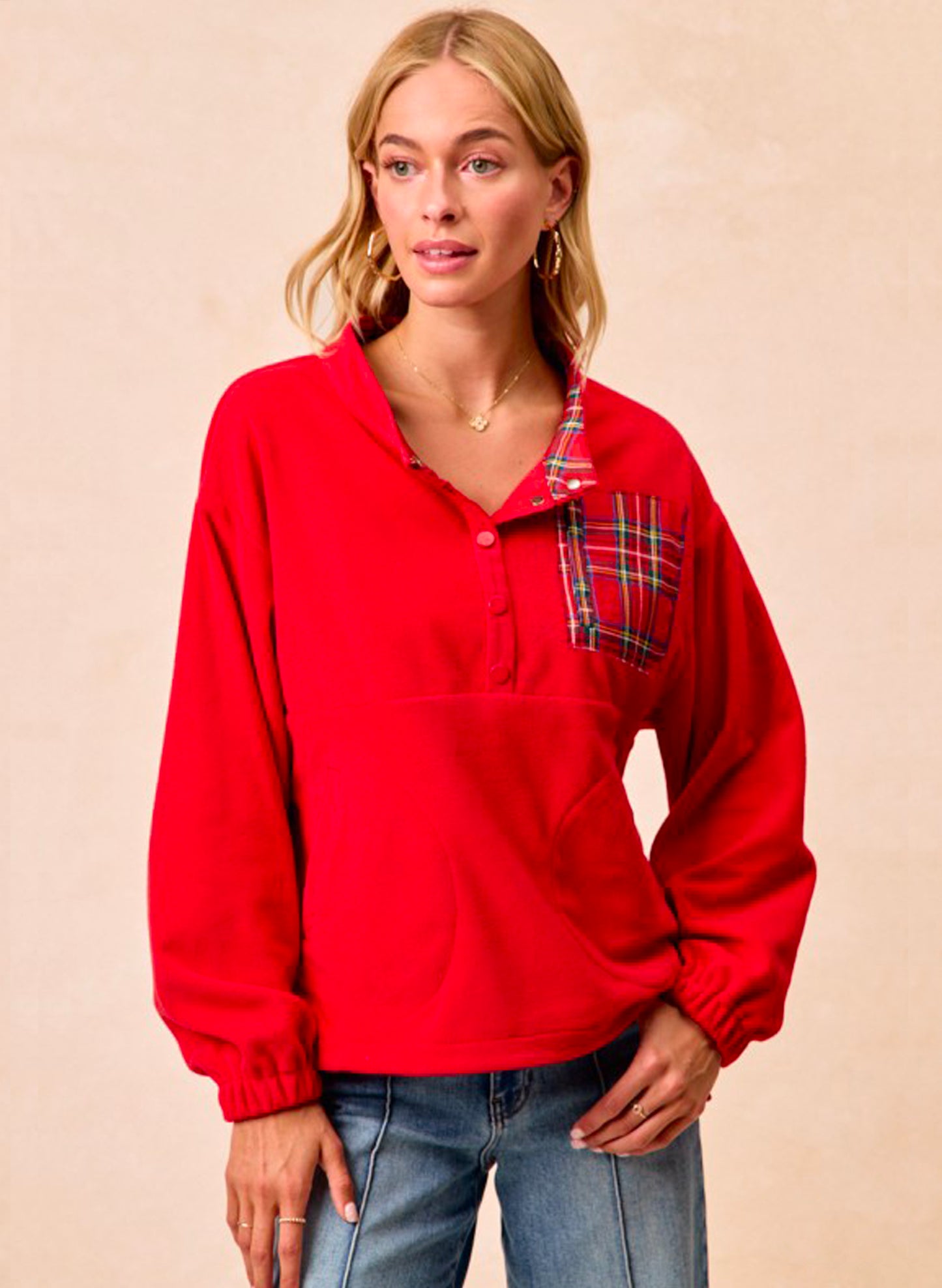 Christmas Theme Fleece Buttoned Top With Pockets - Red