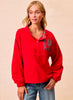 Christmas Theme Fleece Buttoned Top With Pockets - Red