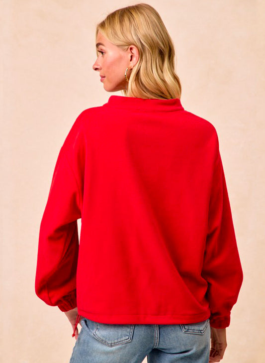 Christmas Theme Fleece Buttoned Top With Pockets - Red