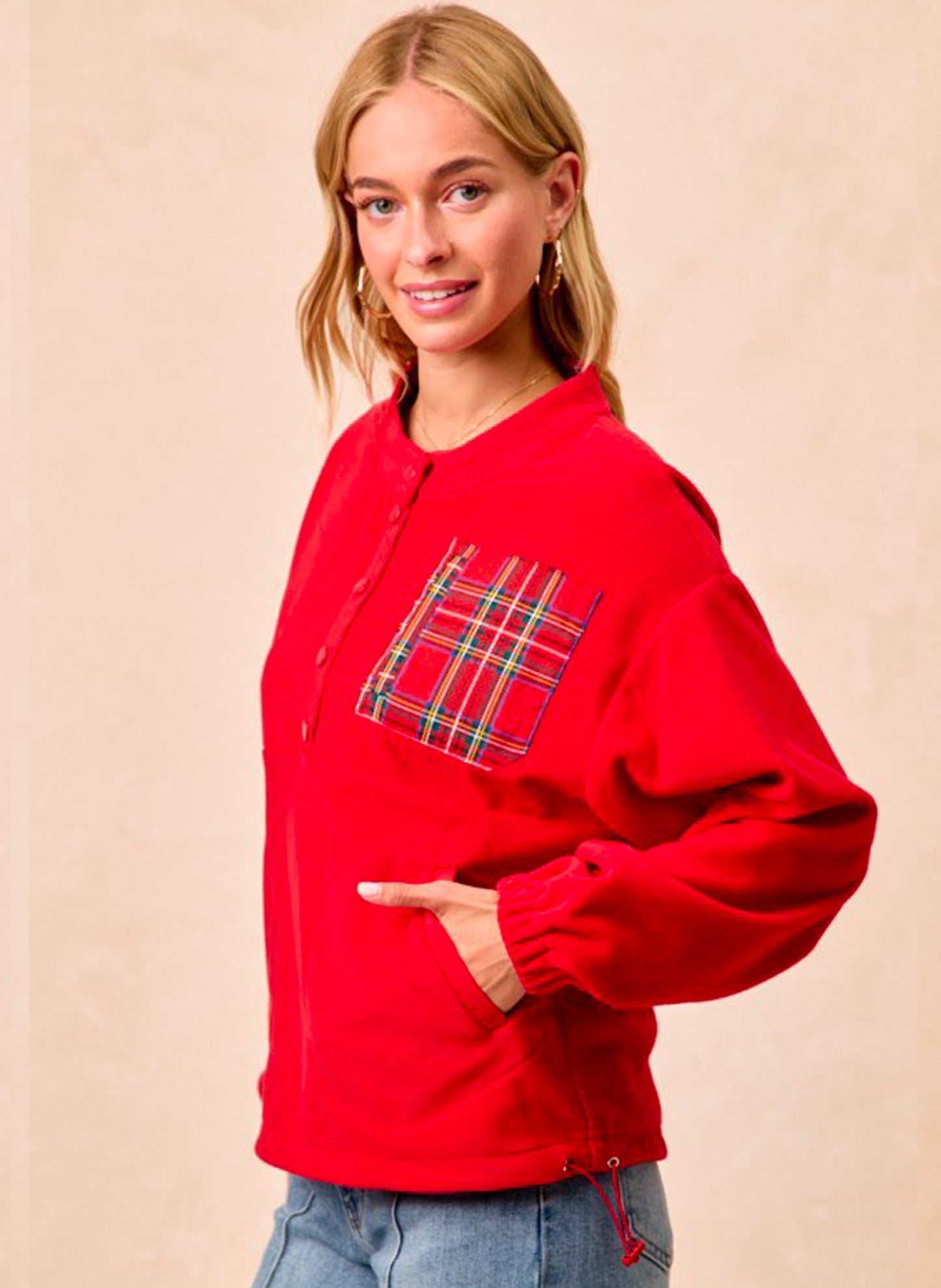 Christmas Theme Fleece Buttoned Top With Pockets - Red