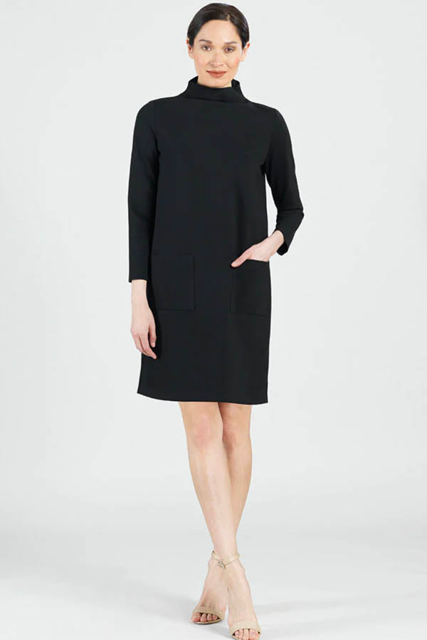 Clara Sunwoo Clara Sunwoo - Ribbed Knit Funnel Neck Tunic Dress W/Stitch Detail & Pockets - Black available at The Good Life Boutique