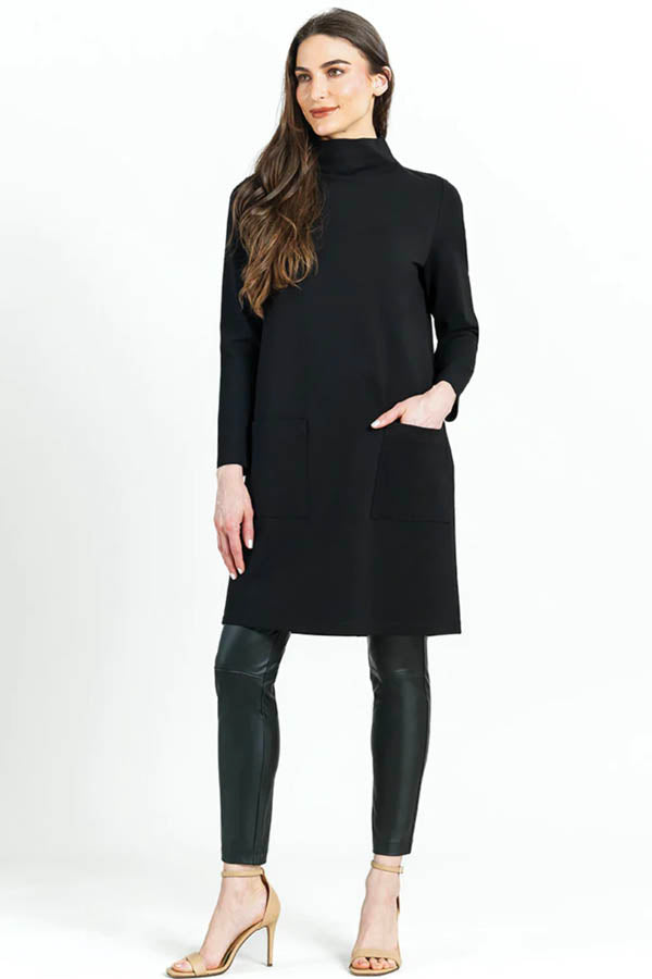 Clara Sunwoo Clara Sunwoo - Ribbed Knit Funnel Neck Tunic Dress W/Stitch Detail & Pockets - Black available at The Good Life Boutique