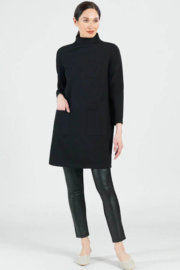 Clara Sunwoo Clara Sunwoo - Ribbed Knit Funnel Neck Tunic Dress W/Stitch Detail & Pockets - Black available at The Good Life Boutique