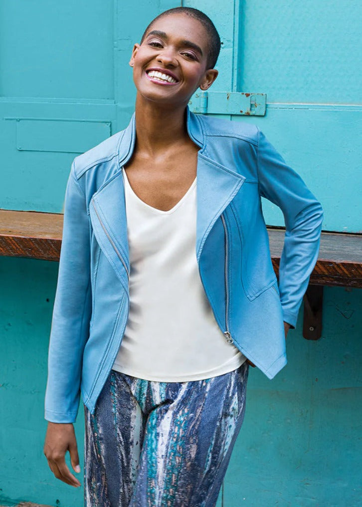 Clara Sun Woo Clara Sunwoo Classic Liquid "Leather" Jacket With Hem Zip Details - Sky Blue available at The Good Life Boutique