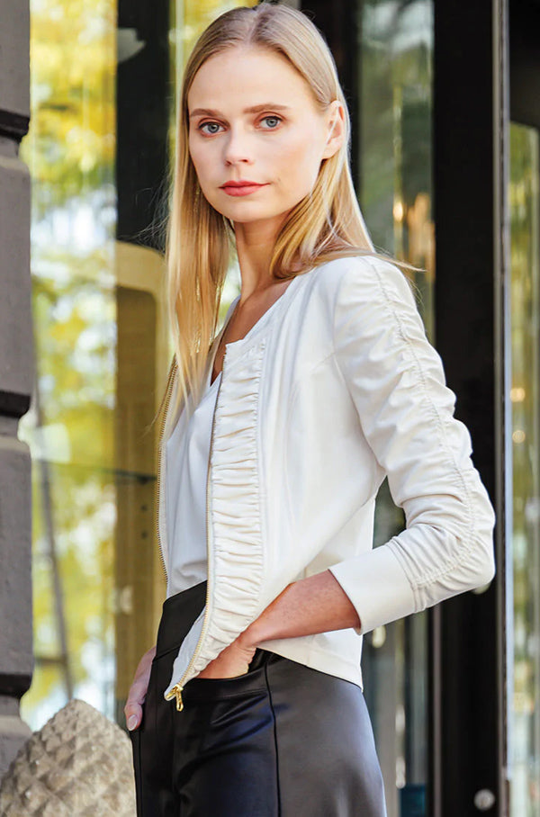 Clara Sun Woo Clara Sunwoo Liquid Leather Ruched Zip Jacket 3/4 Sleeves - Ivory available at The Good Life Boutique