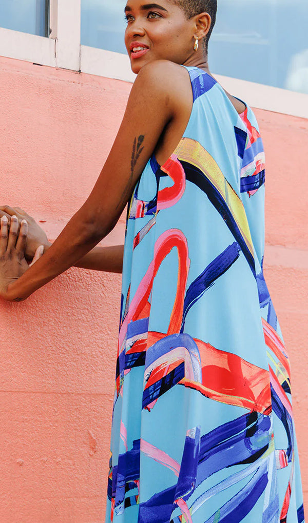 Clara Sun Woo Clara Sunwoo Ribbon Print Jewel Neck Sleeveless Soft Knit Swing Dress - Turquoise Multi available at The Good Life Boutique