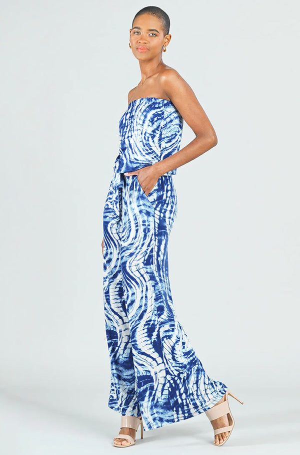 Clara Sun Woo Clara Sunwoo Swirl Print Pull-On Off Shoulder Silky Knit Jumpsuit w/Pockets - Navy/White available at The Good Life Boutique