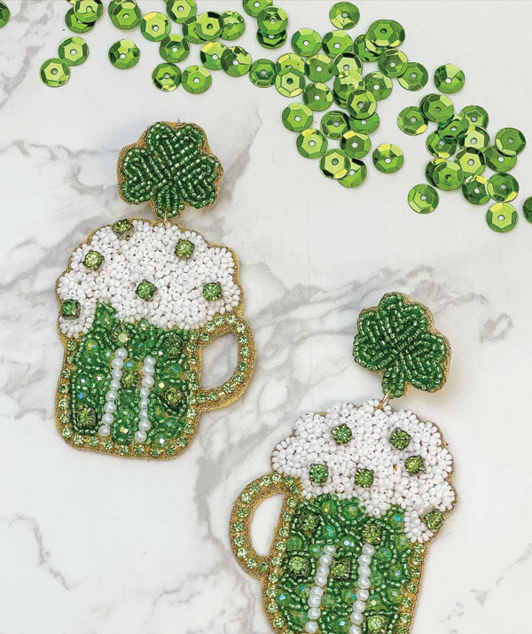 Prep Obsessed Wholesale Clover Green Beer Mug Beaded Dangle Earrings available at The Good Life Boutique